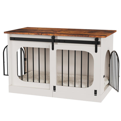 Hundebox Möbelstil Weiß/Braun – 100cm mit Matte & Schiebetüren