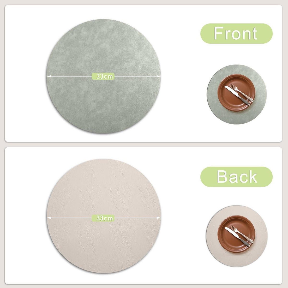 Runde Tischsets in Lederoptik, 4er Set, Beige/Grün