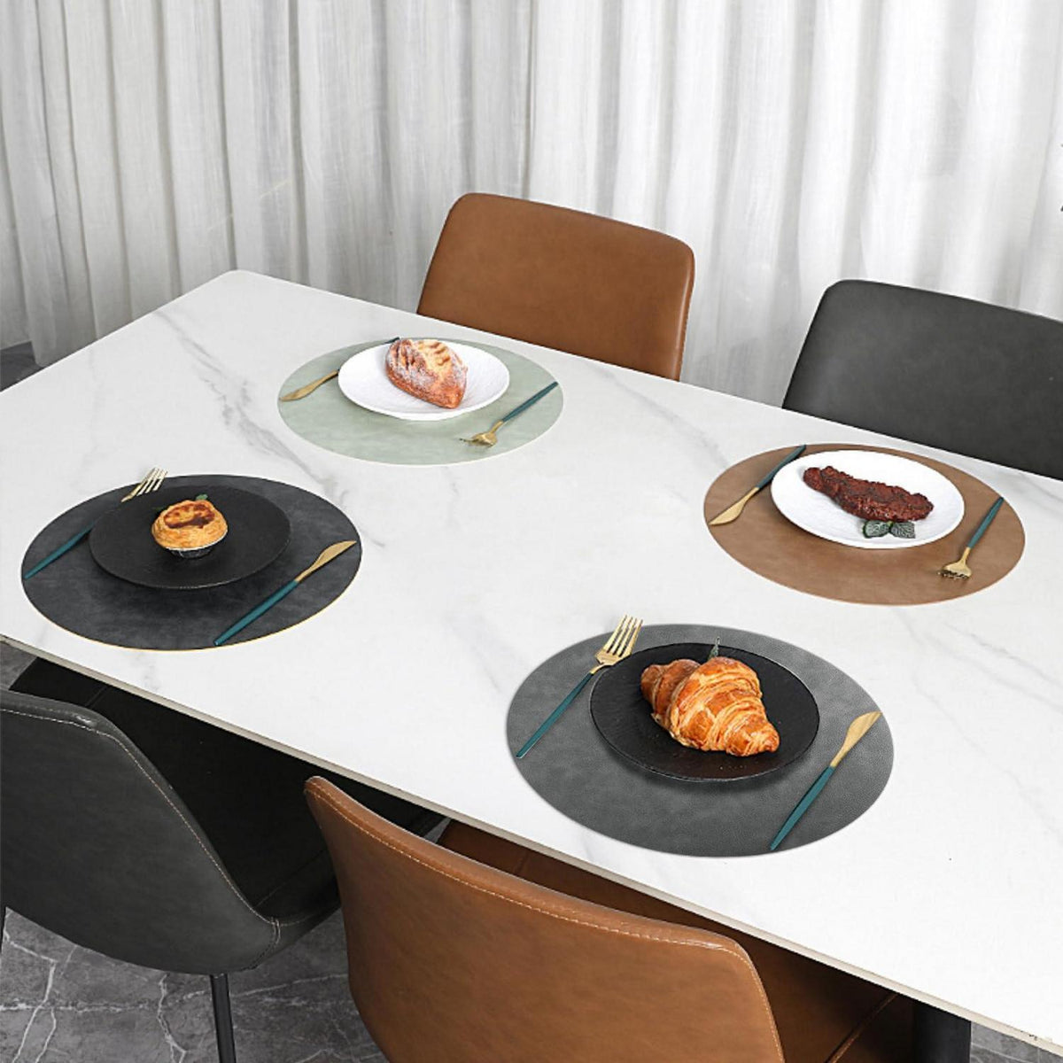 Runde Tischsets in Lederoptik, 4er Set, Beige/Grün