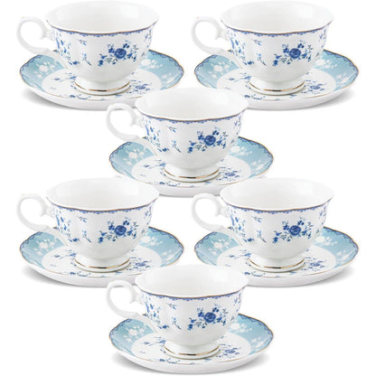 6er Set Teetassen & Untertassen, Blaues Blumenmuster, 150ml