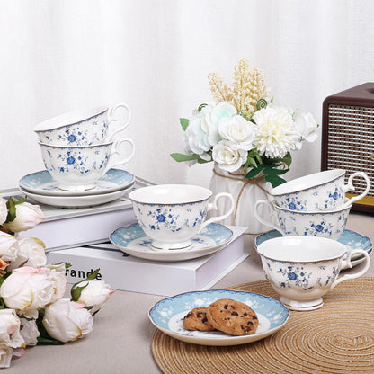 6er Set Teetassen & Untertassen, Blaues Blumenmuster, 150ml