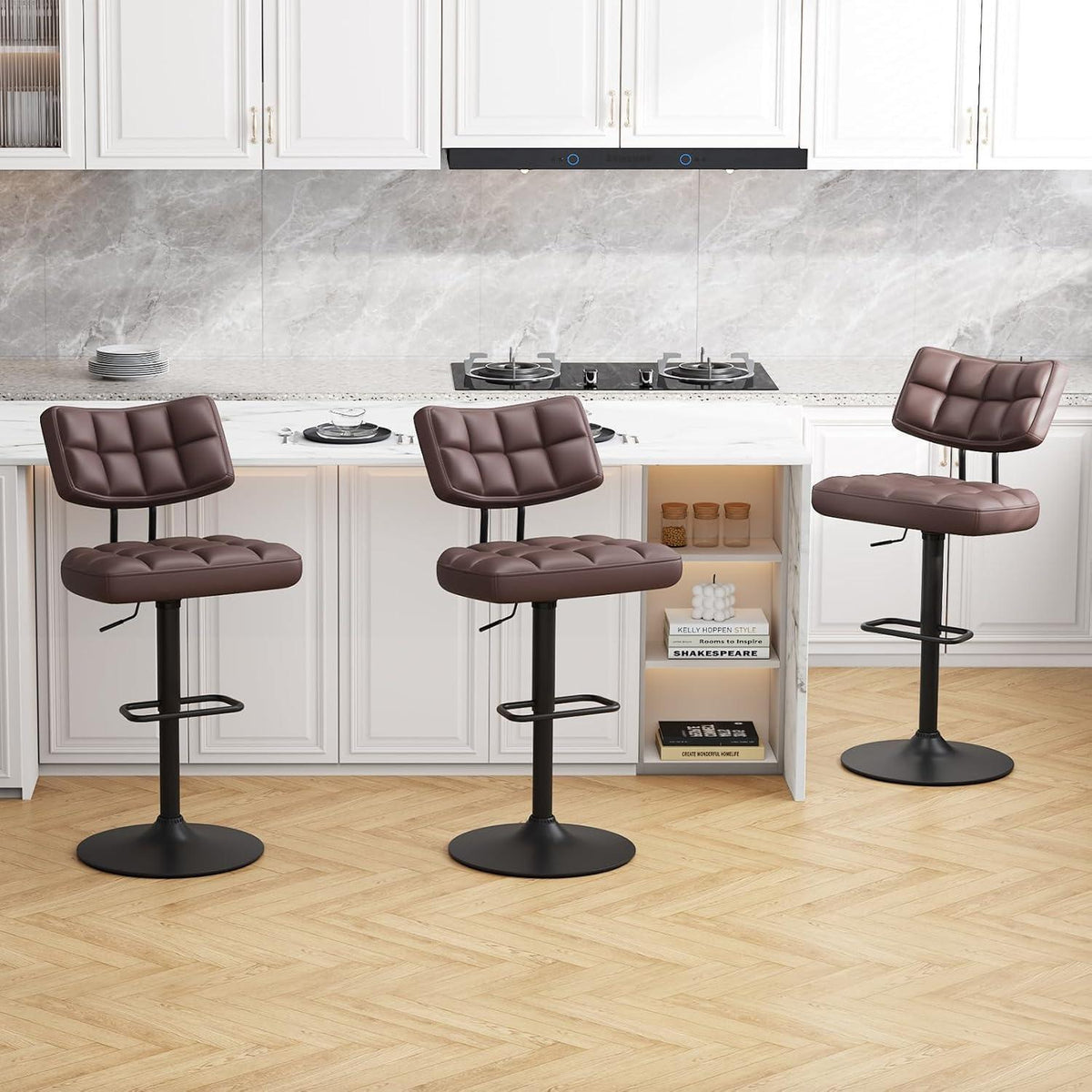 Barhocker Set 4er – Höhenverstellbar, Braun in Lederoptik