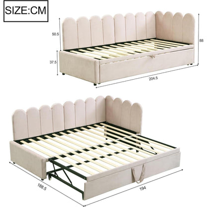 2-in-1 Schlafsofa L-Form – Samtbeige, 90x200cm
