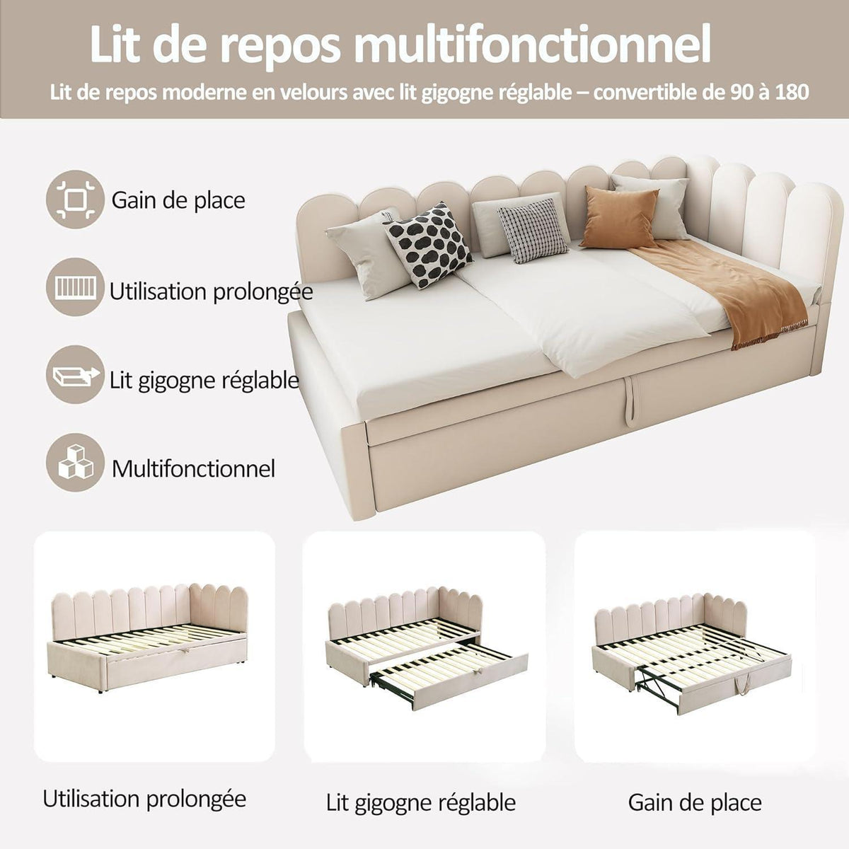 2-in-1 Schlafsofa L-Form – Samtbeige, 90x200cm