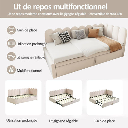2-in-1 Schlafsofa L-Form – Samtbeige, 90x200cm