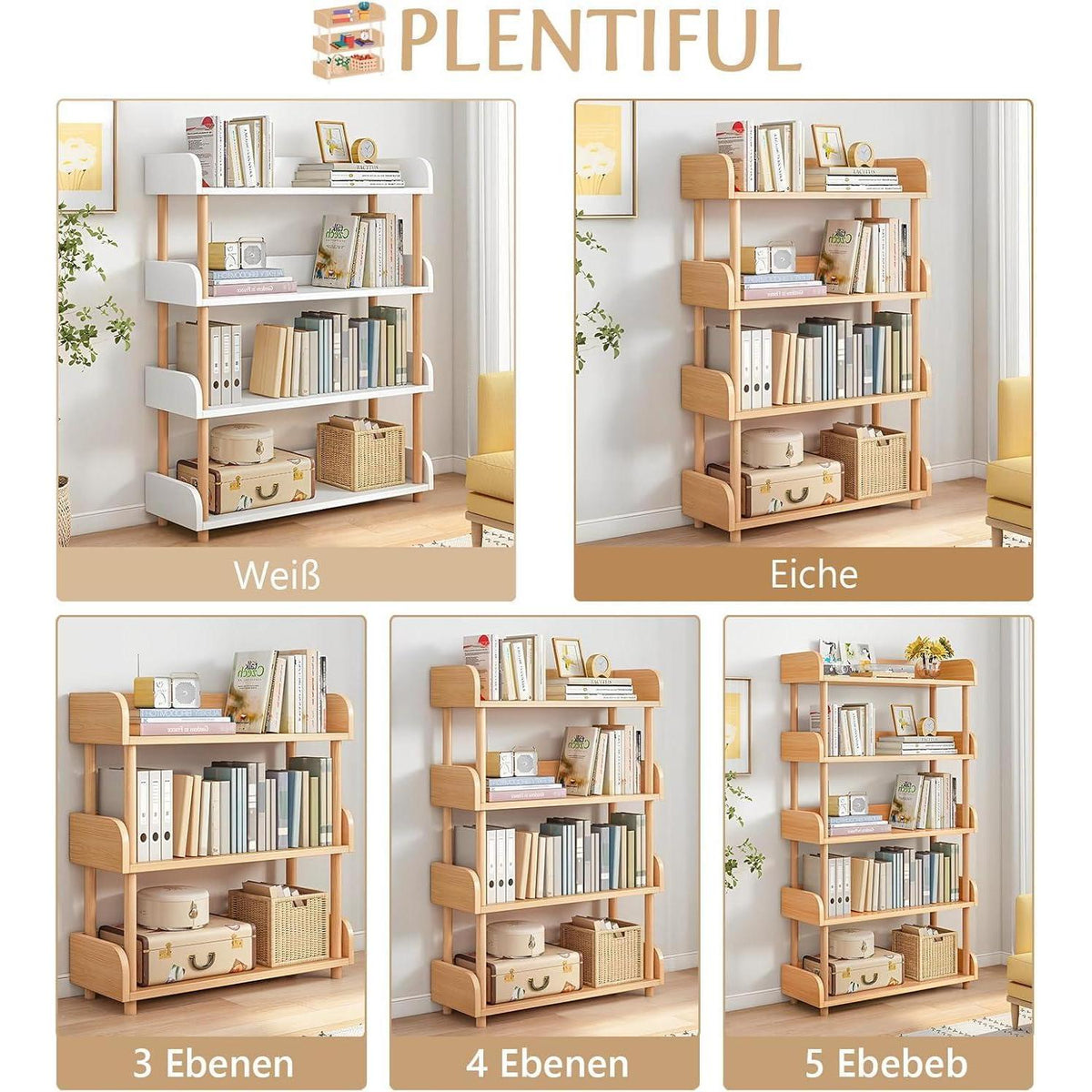 4-Ebenen Bücherregal Holz - Modernes Freistehend Regal Weiß