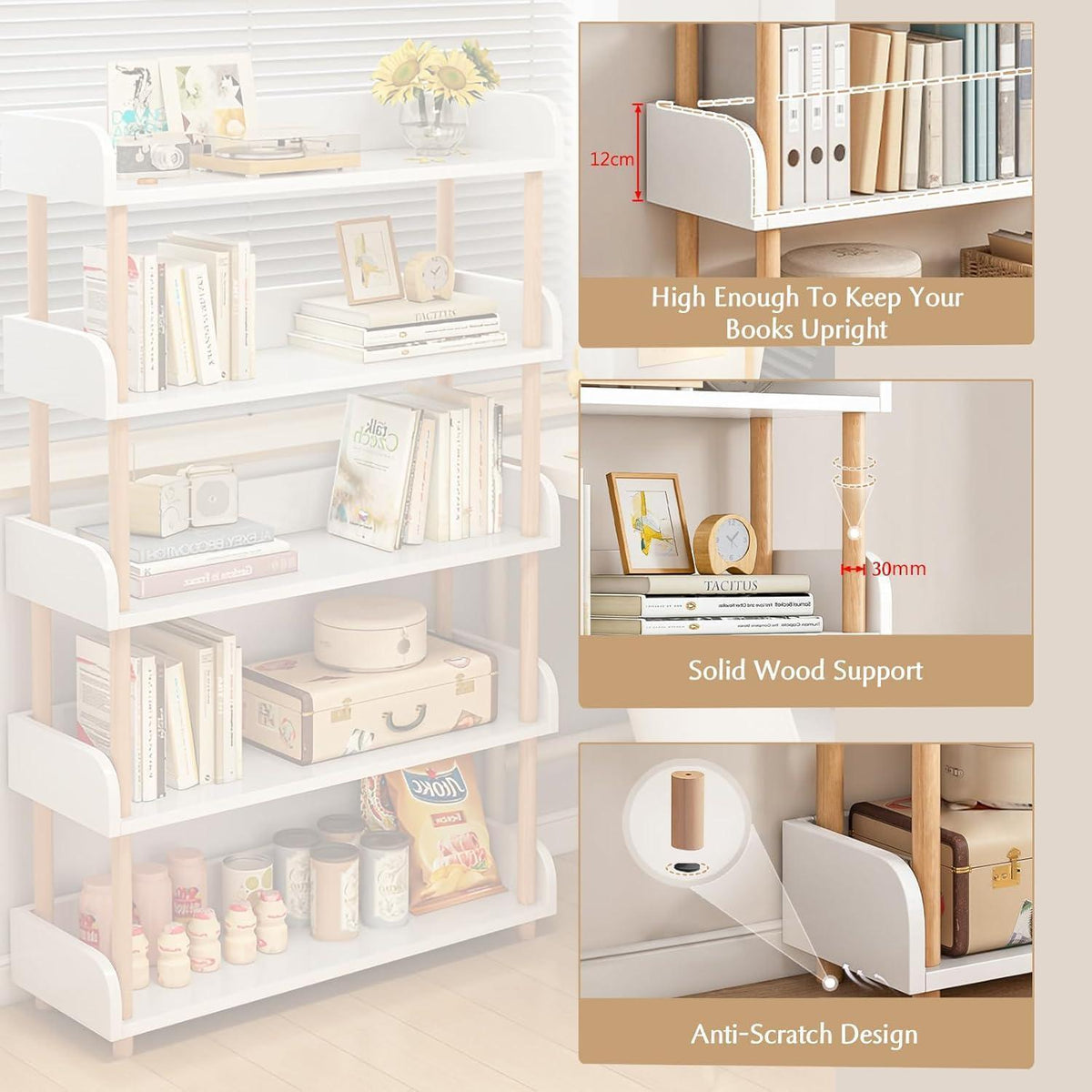 4-Ebenen Bücherregal Holz - Modernes Freistehend Regal Weiß