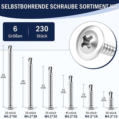 230tlg. Edelstahl 410 Selbstschneidende Schrauben M4.2 Set