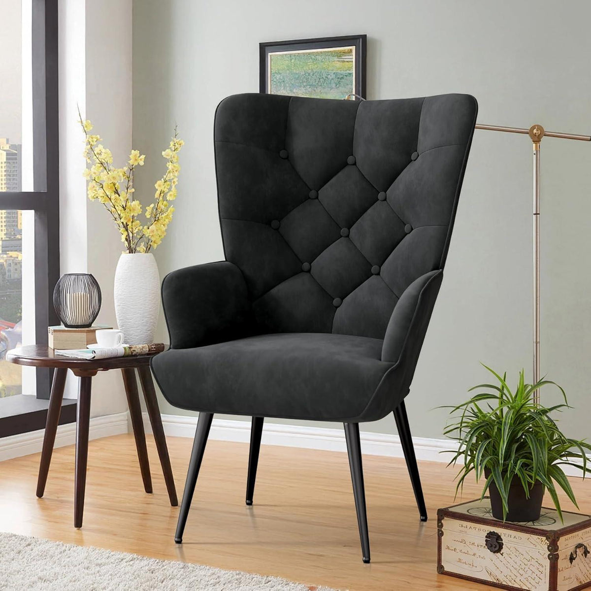 Eleganter Ohrensessel mit Metallbeinen, bis 150 kg belastbar, Schwarz