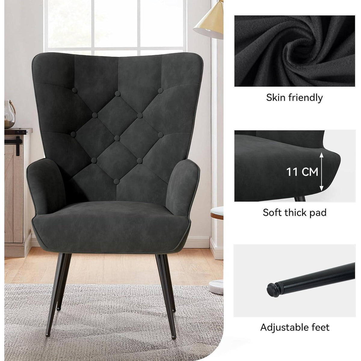 Eleganter Ohrensessel mit Metallbeinen, bis 150 kg belastbar, Schwarz