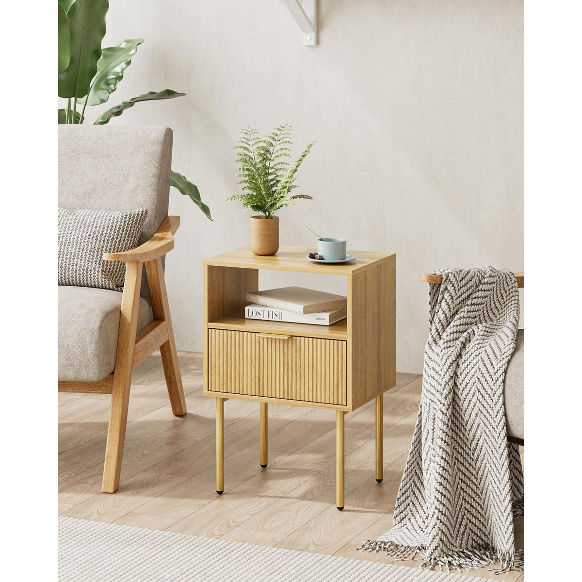 Nachttisch mit Schublade und Ablage, modern, Eiche