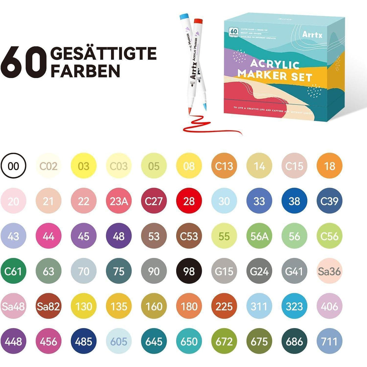 60 Acrylmarker Set Pinselspitze Wasserfest für Malen & Basteln