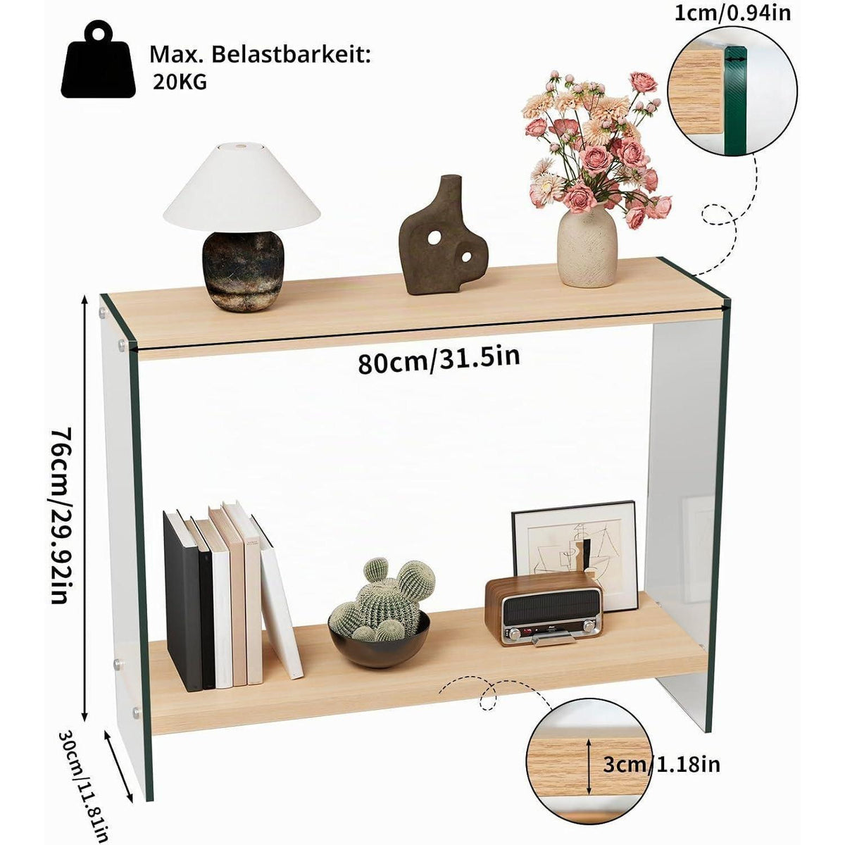 Schmaler Konsolentisch Holz mit Glasbeinen | Flurtisch 80x30 cm