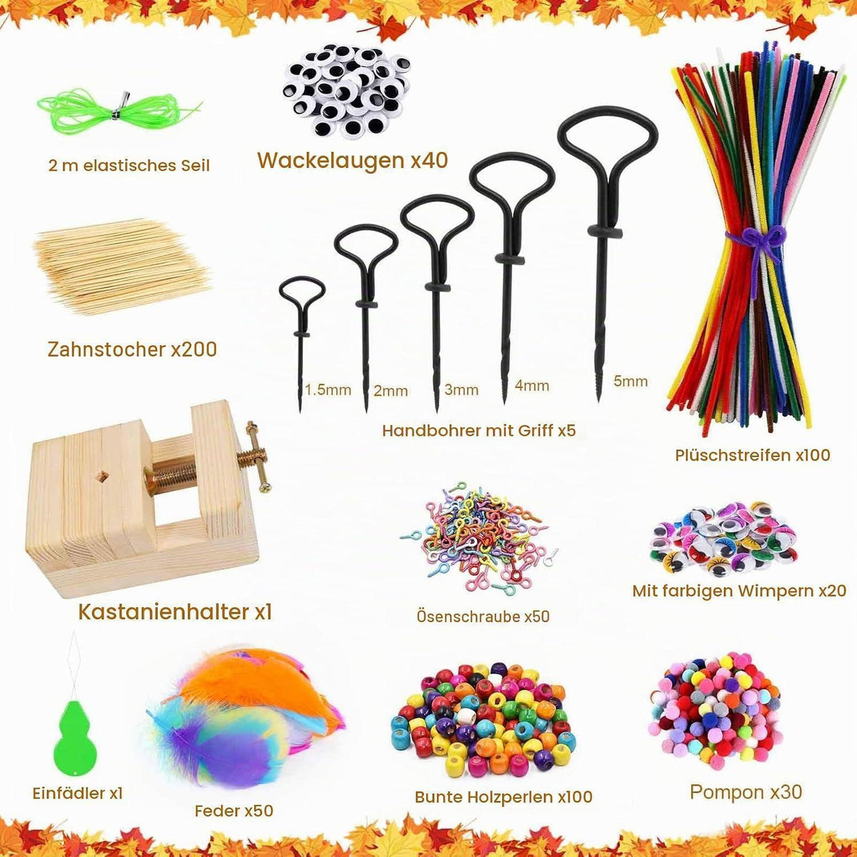 Kastanienbohrer Set Kinder – 698 Teile für Herbstbasteln
