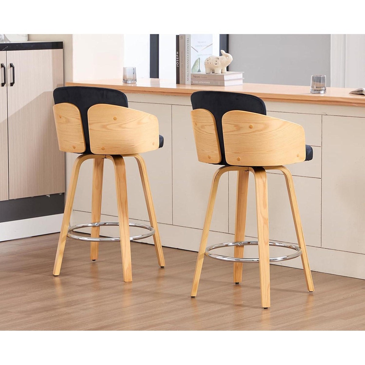 Barhocker 2er Set mit Samtbezug & Holzbeinen – Schwarz