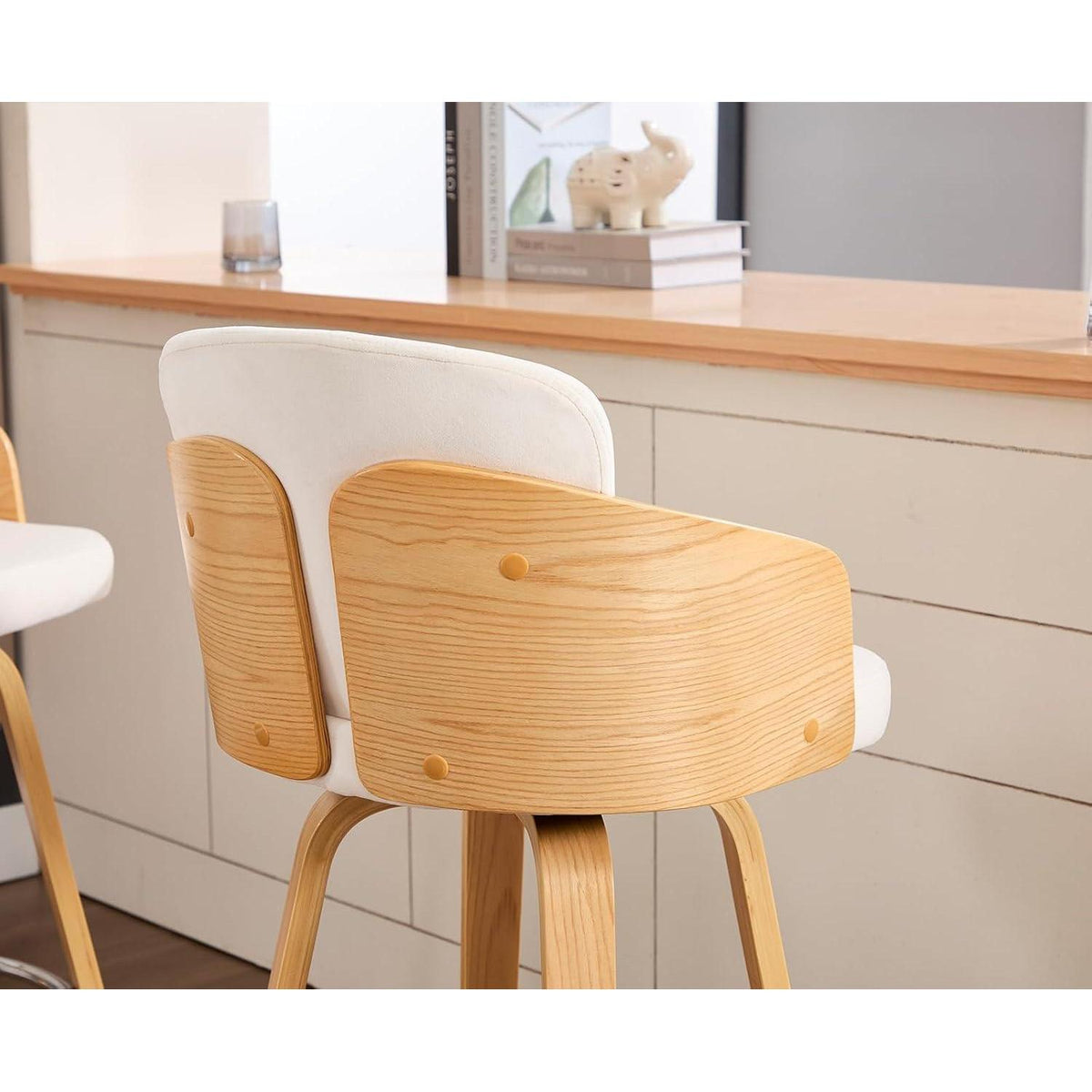 Barhocker 2er Set mit Samtbezug & Holzbeinen – Beige