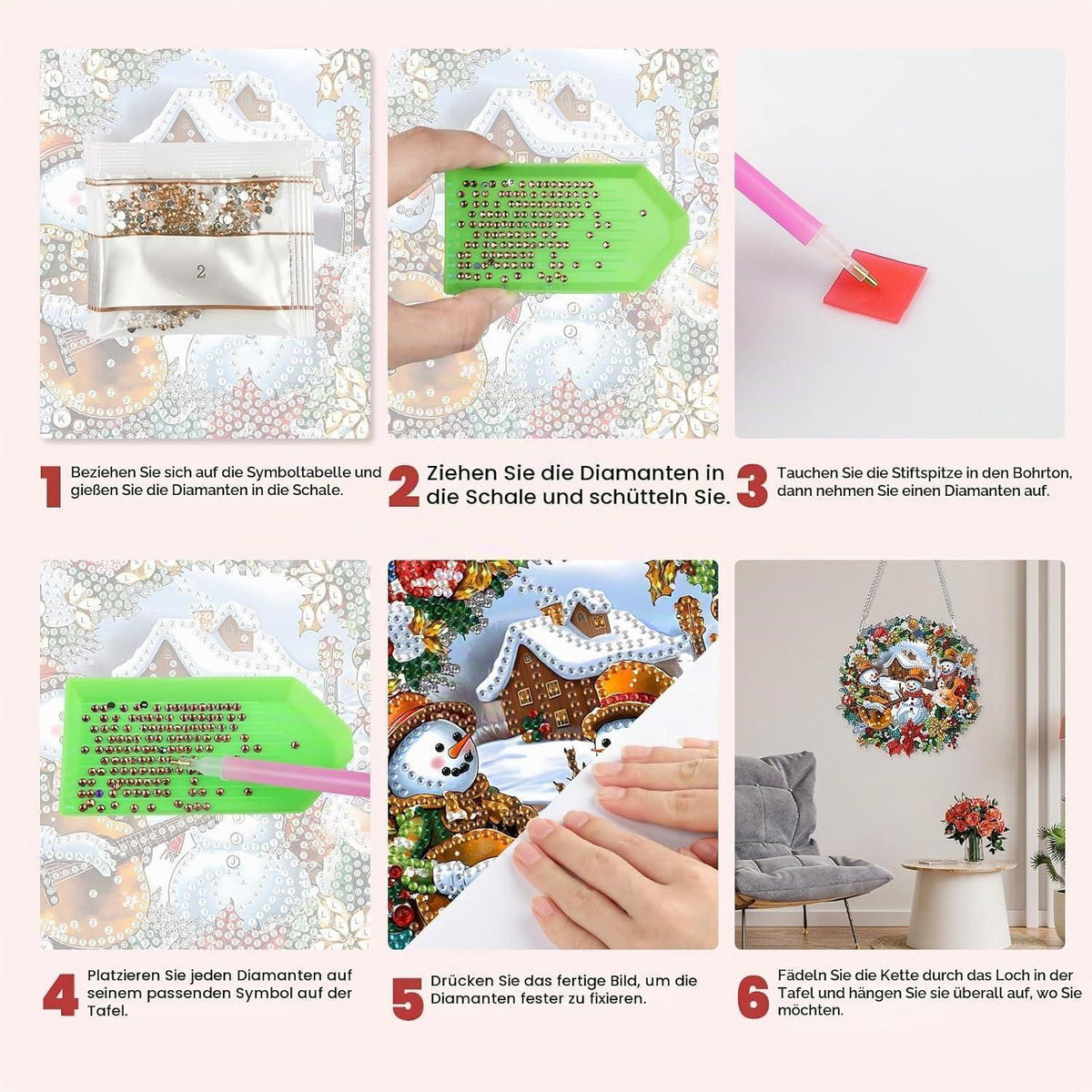 Diamant Painting Weihnachtsschmuck mit Kette – DIY Fensterbild