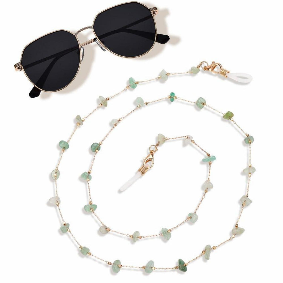 Jade Brillenkette mit Edelsteinperlen – Goldfarbener Kettenriemen
