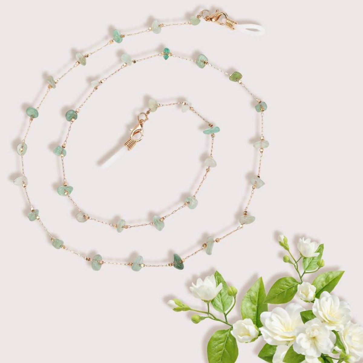 Jade Brillenkette mit Edelsteinperlen – Goldfarbener Kettenriemen