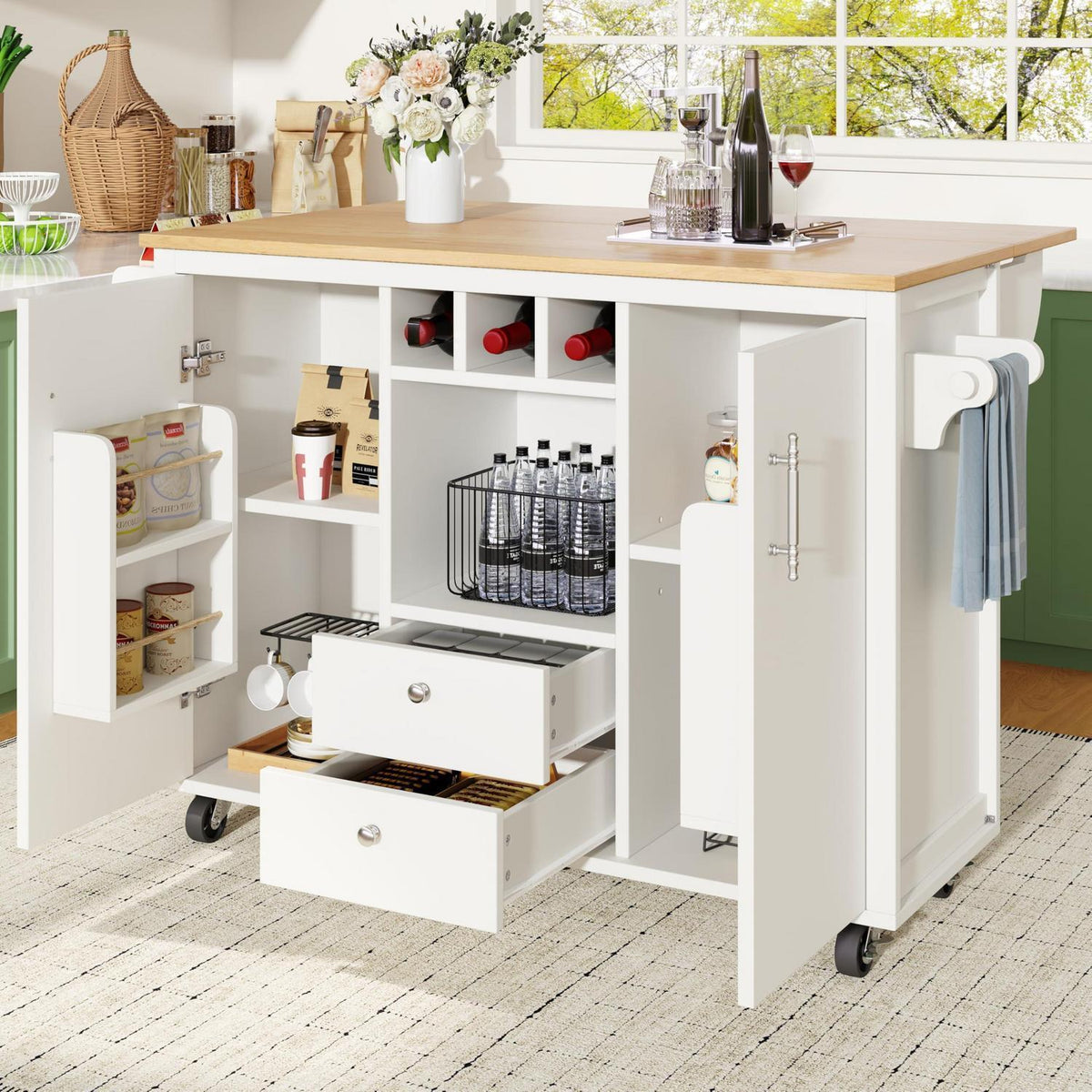 Küchenschrank mit Klappplatte, Weinregal & Handtuchhalter, Weiß