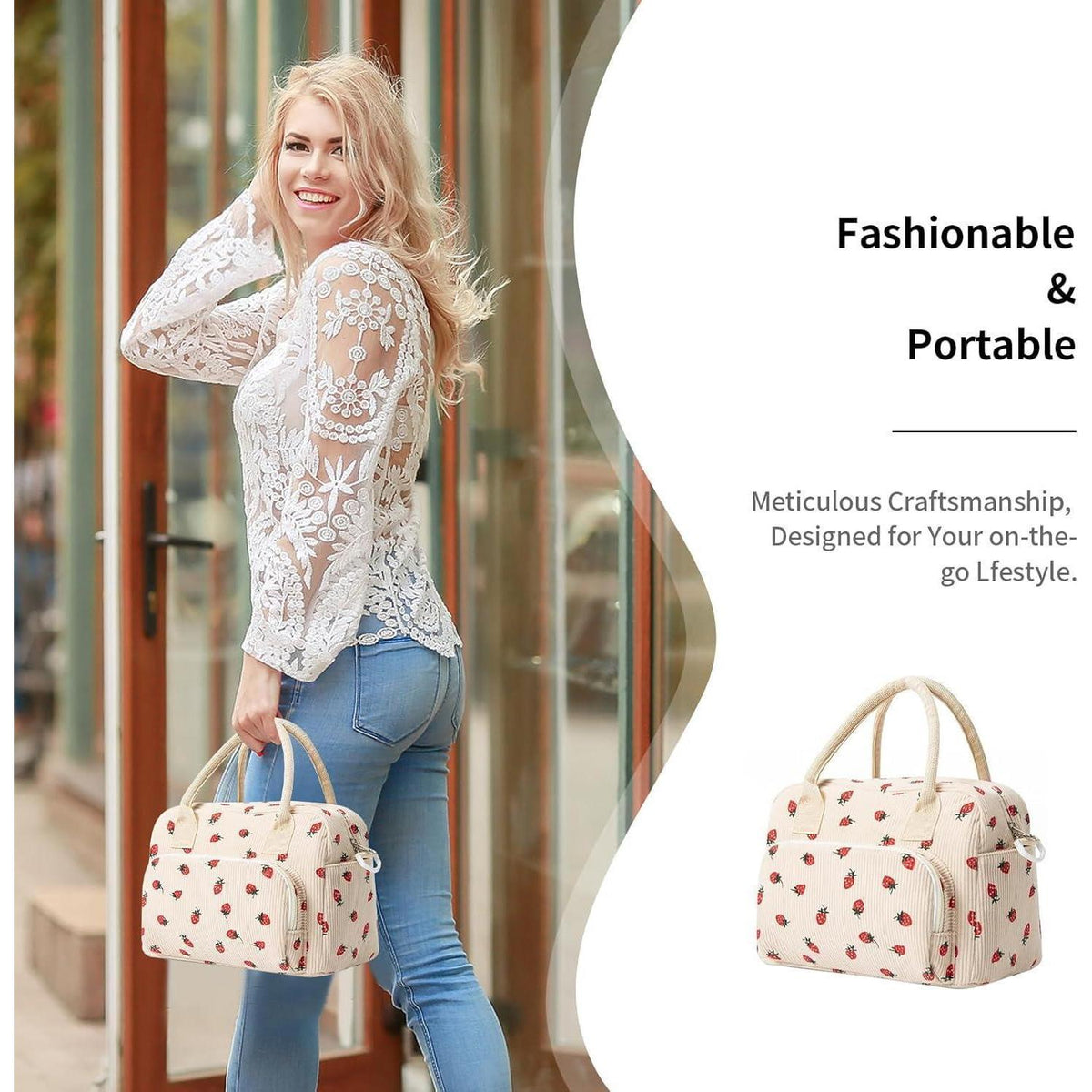 Isolierte Kühltasche Erdbeer-Design – Lunchtasche für Arbeit & Reisen