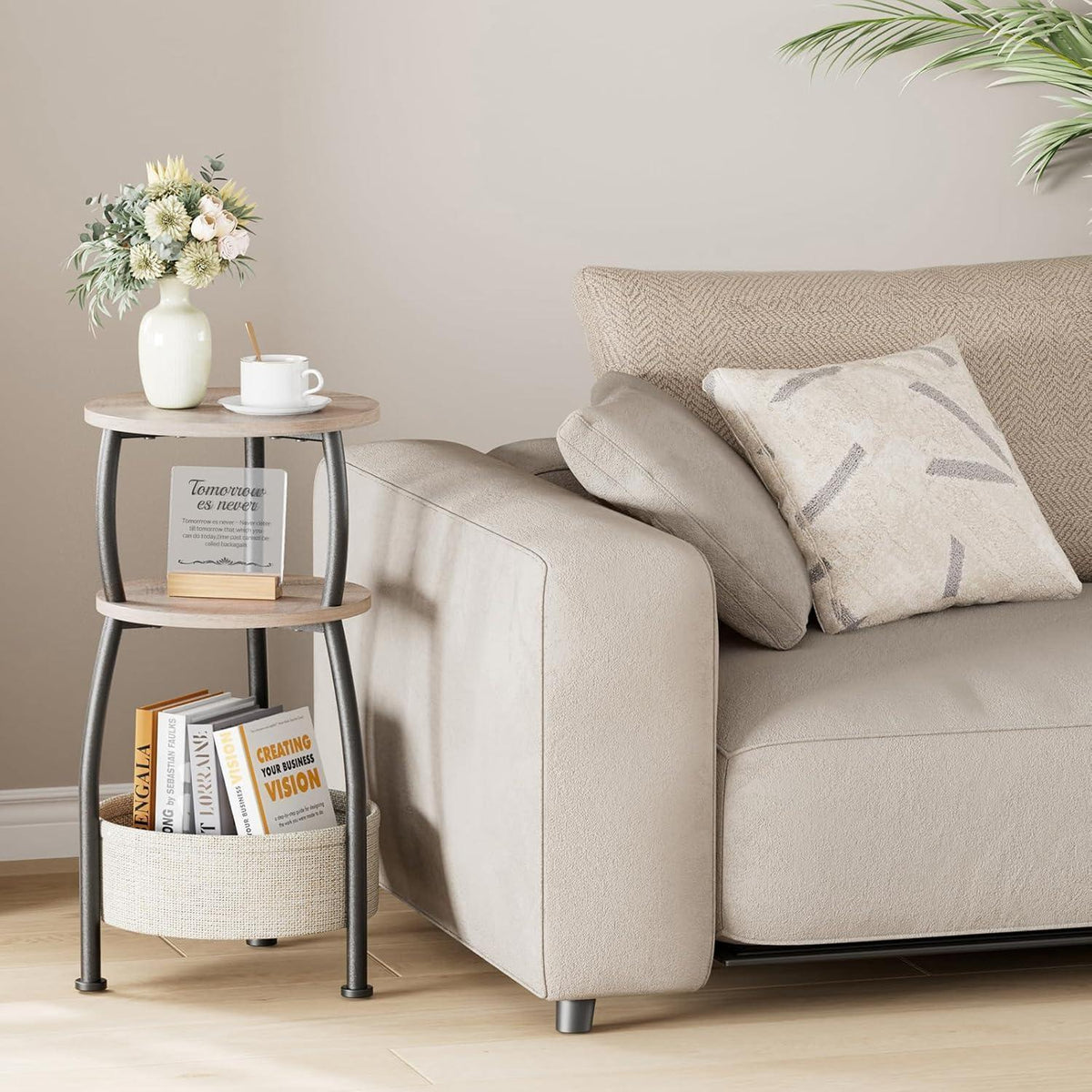 Runder Beistelltisch mit Stoffkorb – Kleiner Couchtisch Grau
