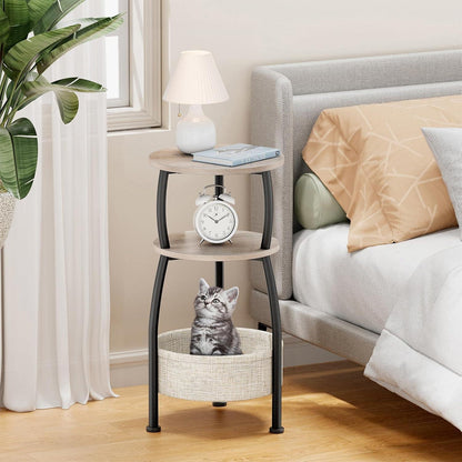 Runder Beistelltisch mit Stoffkorb – Kleiner Couchtisch Grau