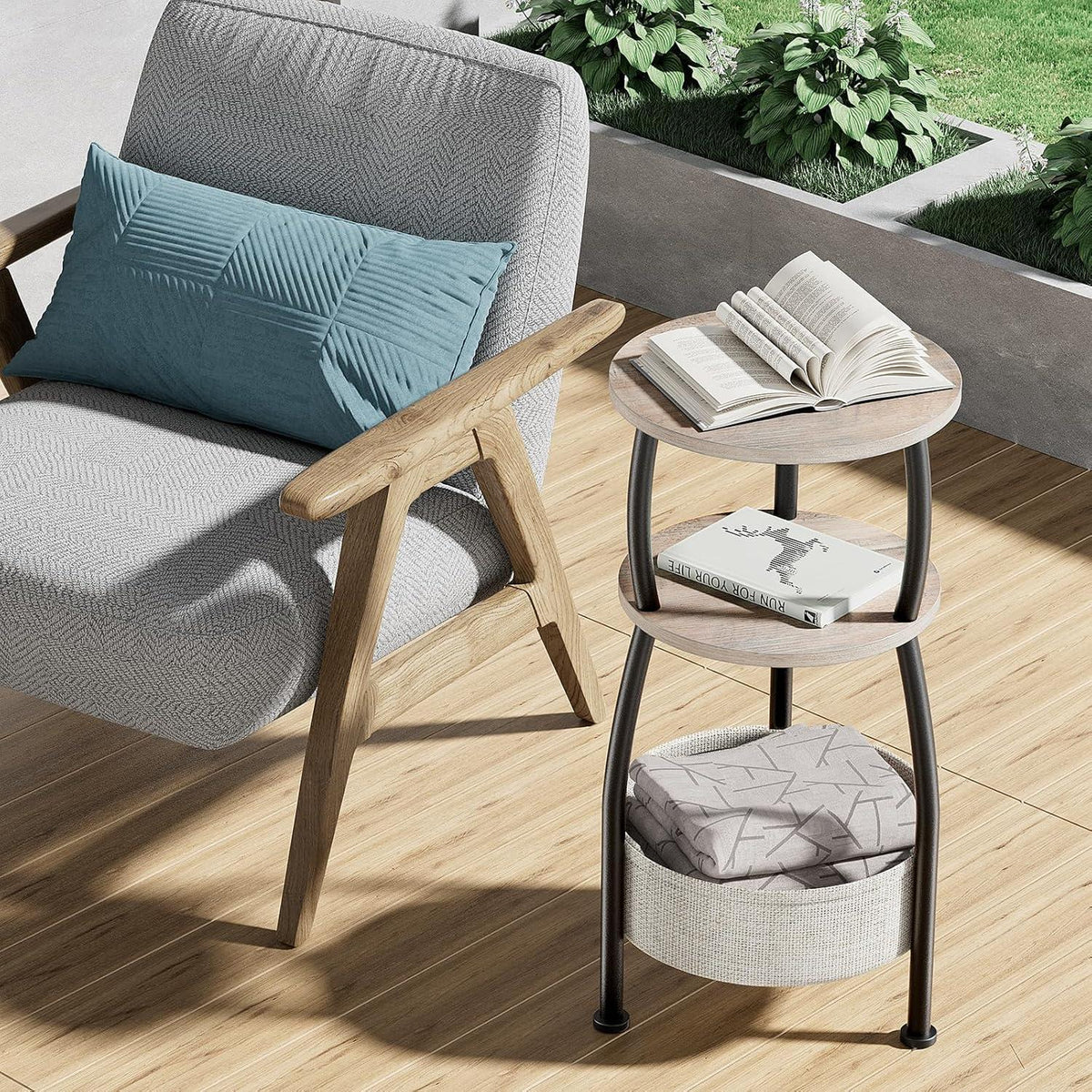 Runder Beistelltisch mit Stoffkorb – Kleiner Couchtisch Grau