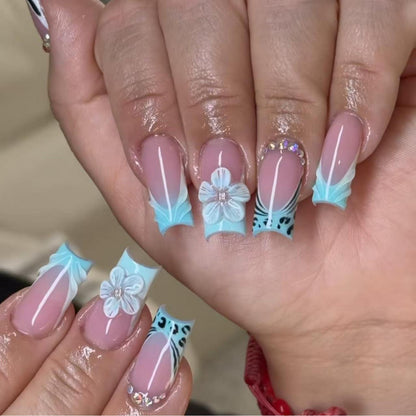 Blaue Press On Nails – Lange, Square French mit Blumen & Strass