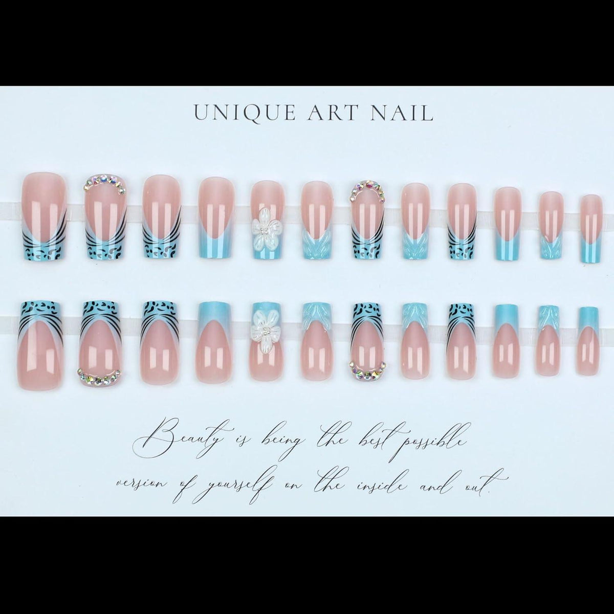 Blaue Press On Nails – Lange, Square French mit Blumen & Strass
