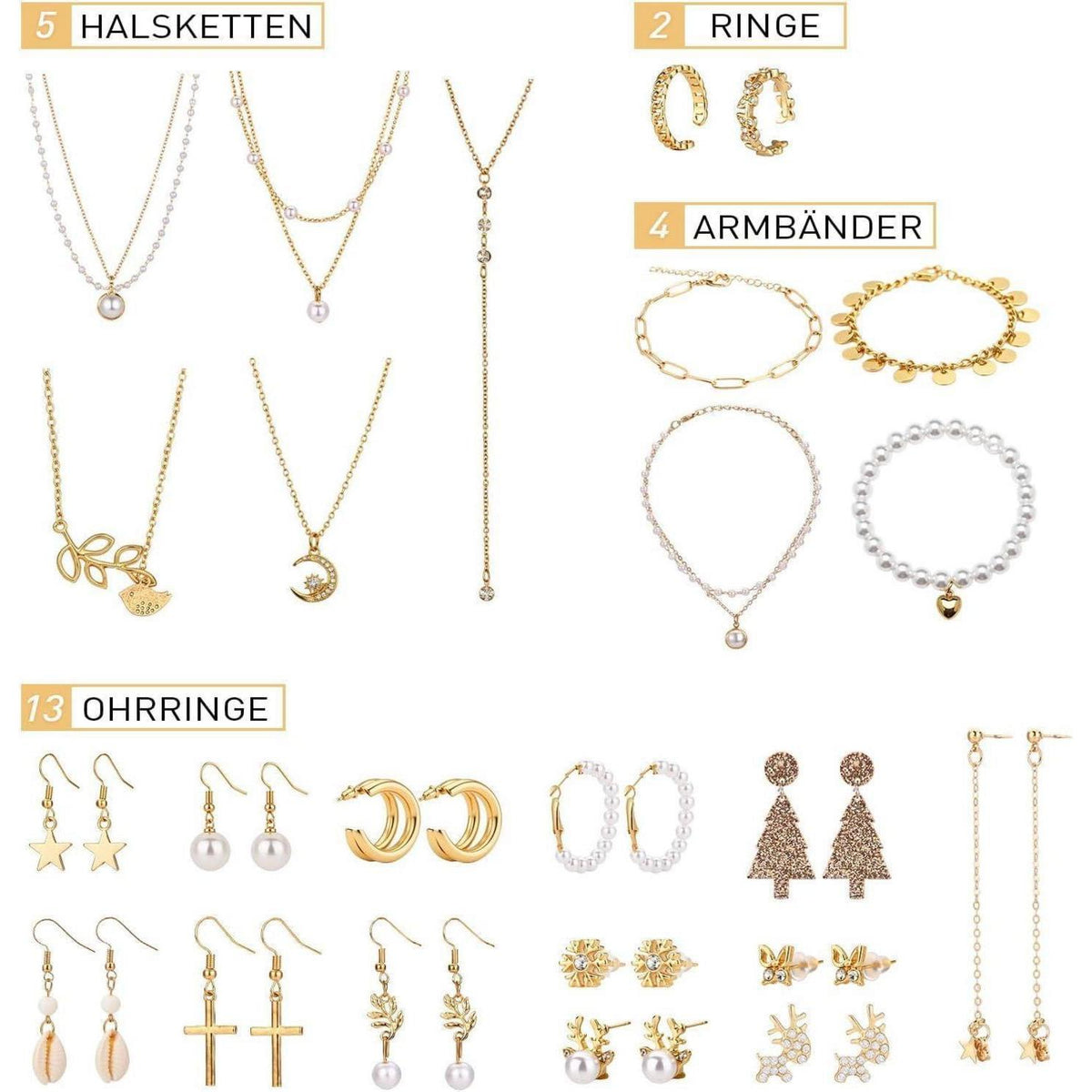 Adventskalender Schmuck Set Gold für Damen & Mädchen