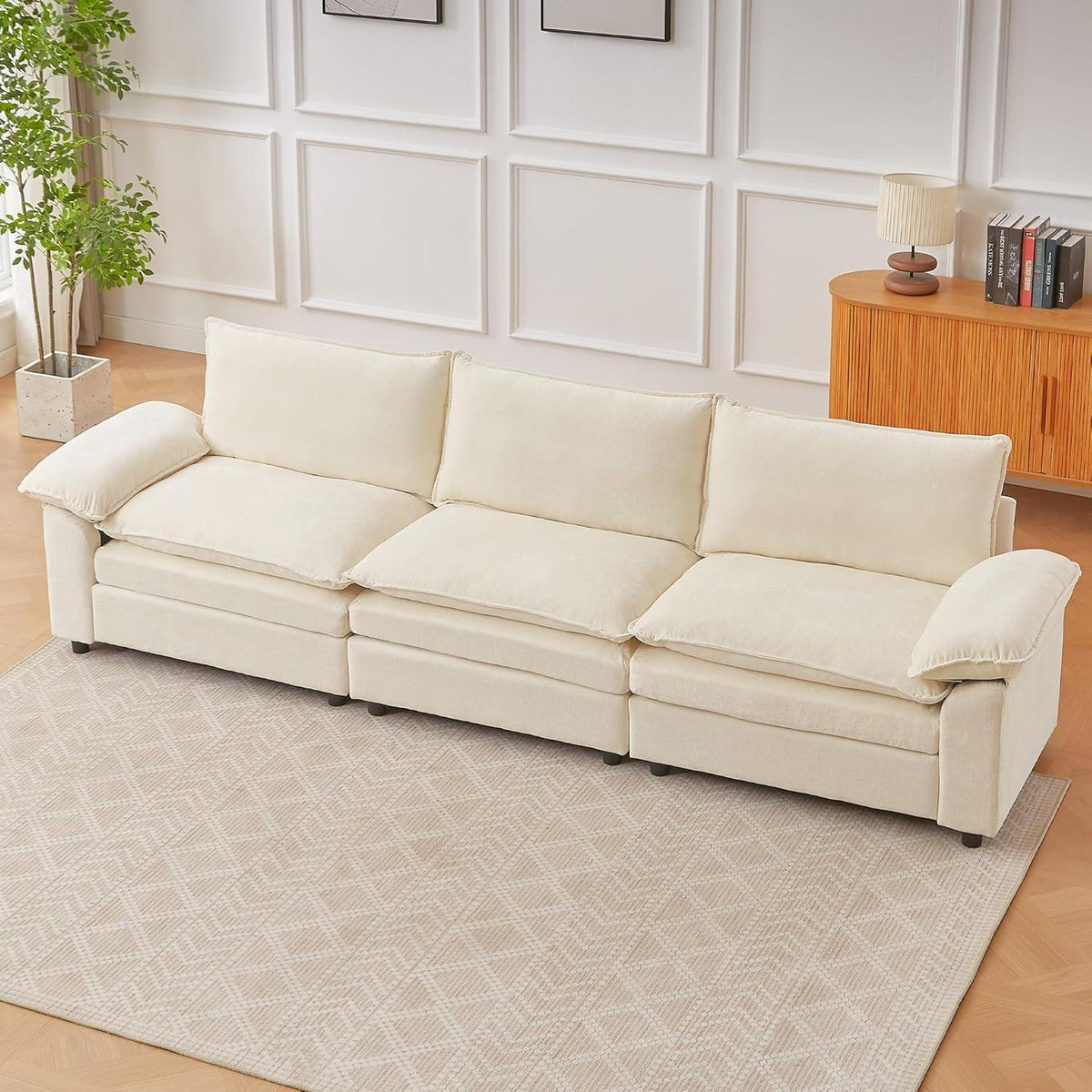 JIEXI Ecksofa mit Schlaffunktion – Beige Chenille-Stoff