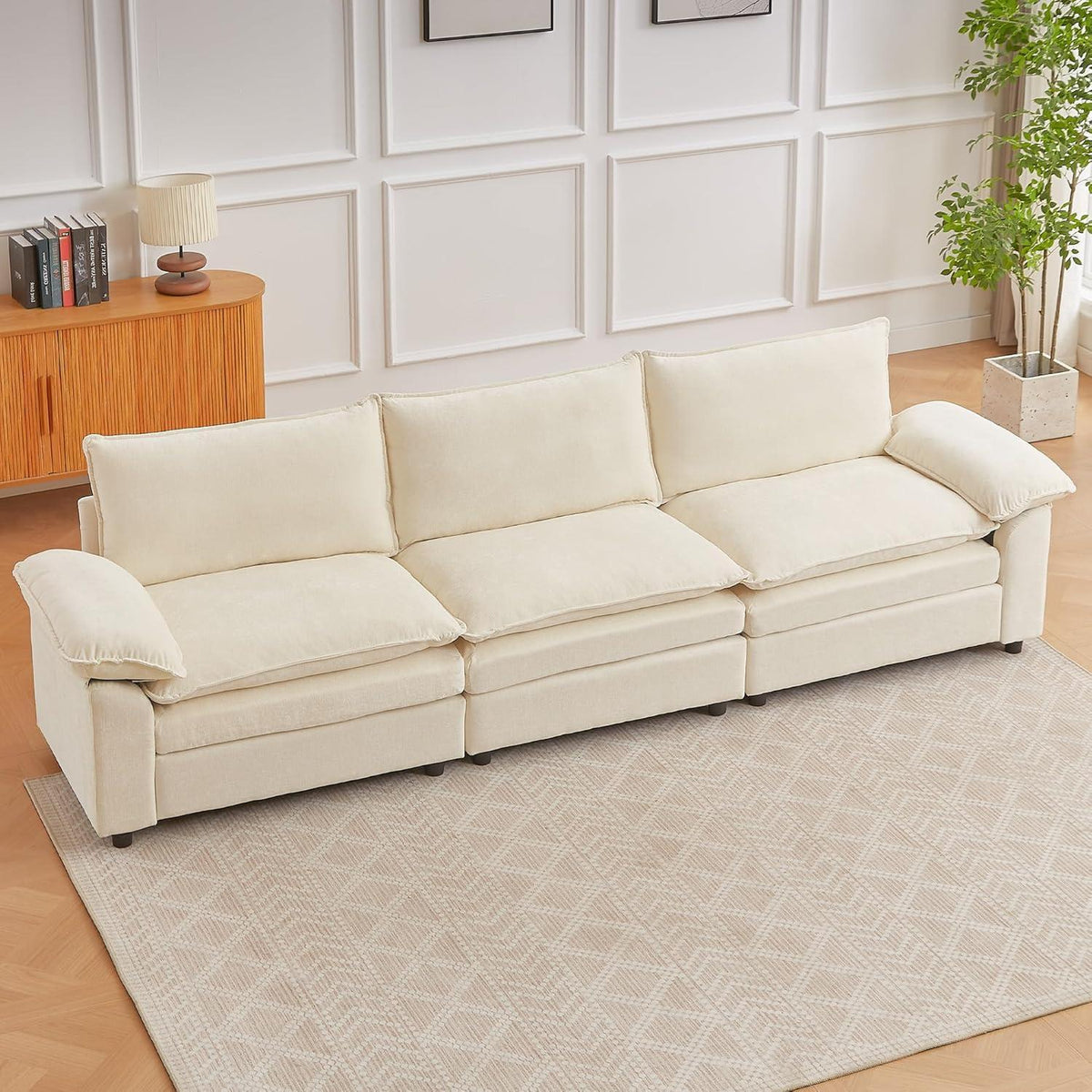 JIEXI Ecksofa mit Schlaffunktion – Beige Chenille-Stoff