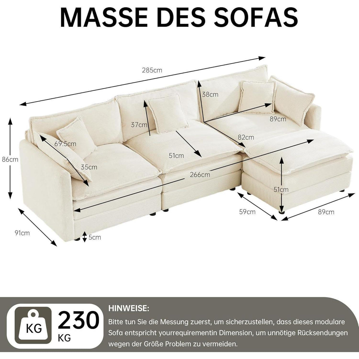 Modulares Ecksofa mit Schlaffunktion – Beige Cord L-Form