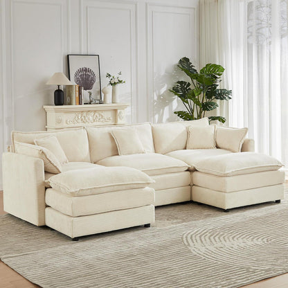 Ecksofa mit Schlaffunktion – Beige Cord, U-Form, 285 cm