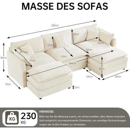 Ecksofa mit Schlaffunktion – Beige Cord, U-Form, 285 cm