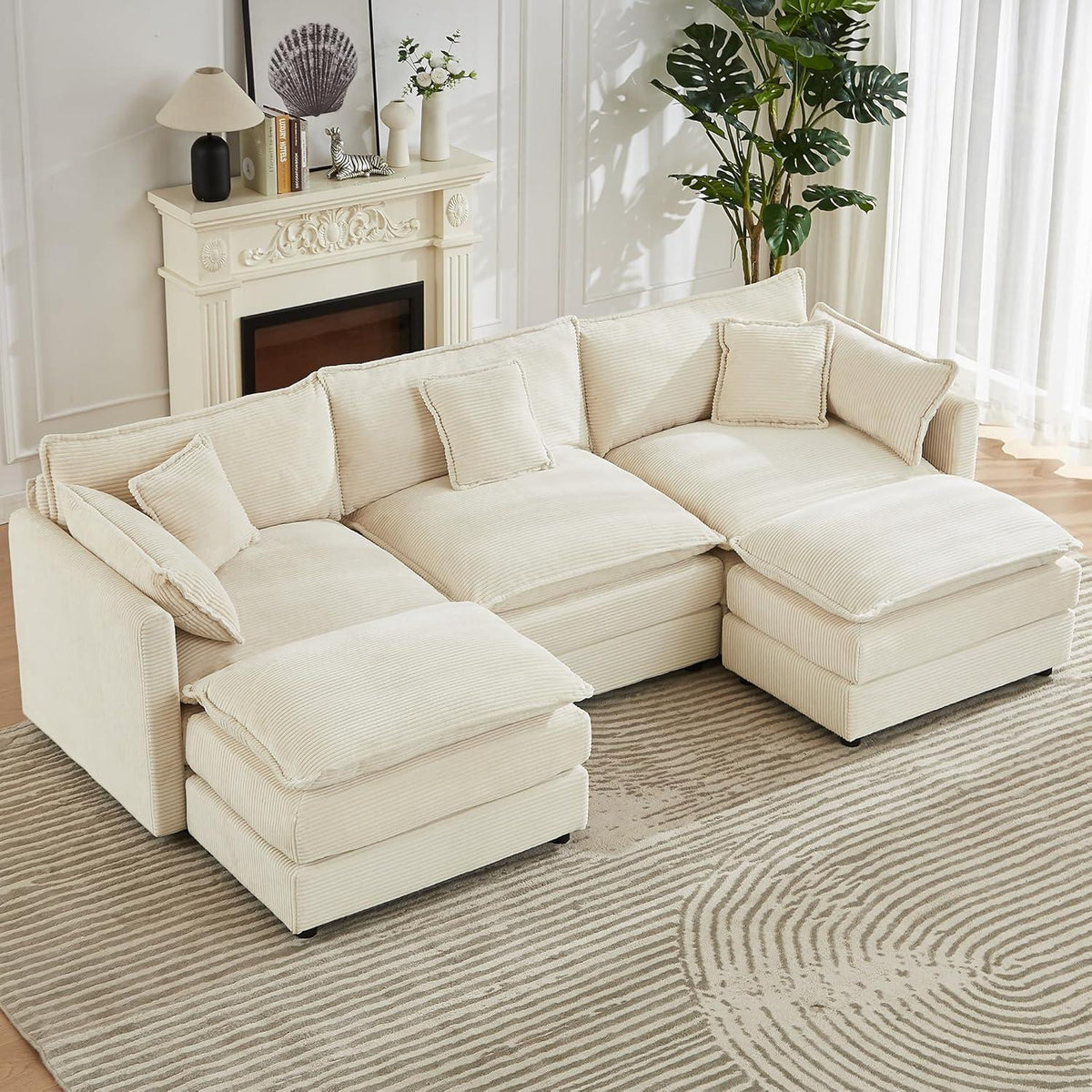 Ecksofa mit Schlaffunktion – Beige Cord, U-Form, 285 cm
