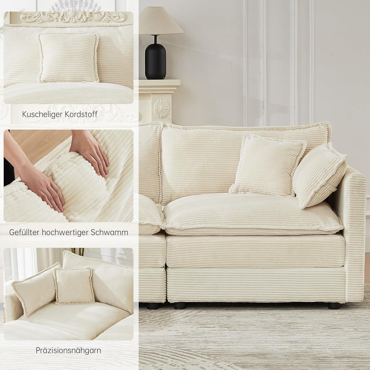 Ecksofa mit Schlaffunktion – Beige Cord, U-Form, 285 cm