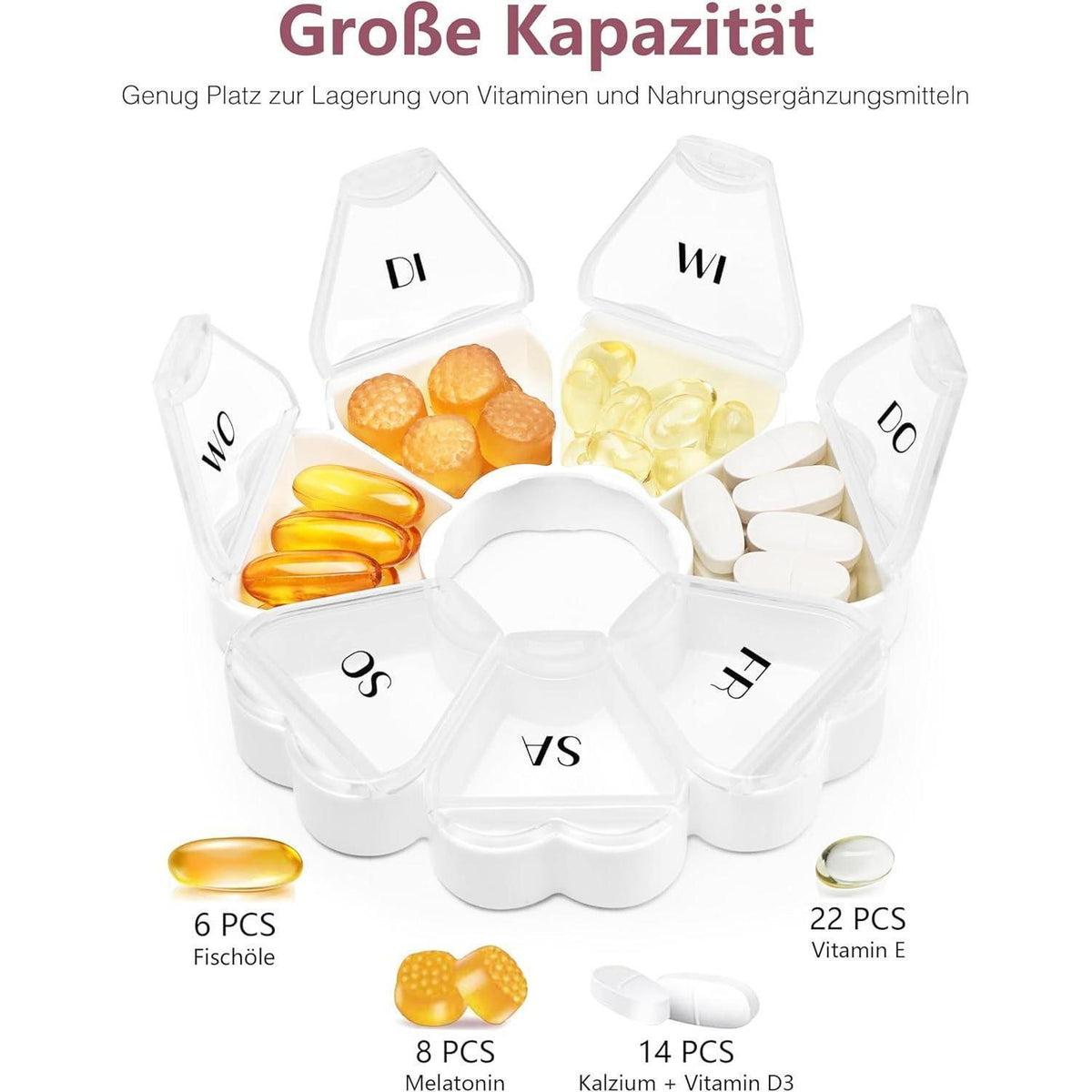 Pillendose Herzform 7 Fächer für die Woche Weiß