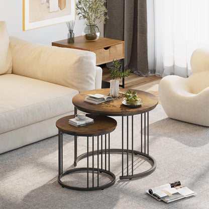 Runde Couchtische 2er-Set, Beistelltisch mit Metallrahmen, Rustic Brown