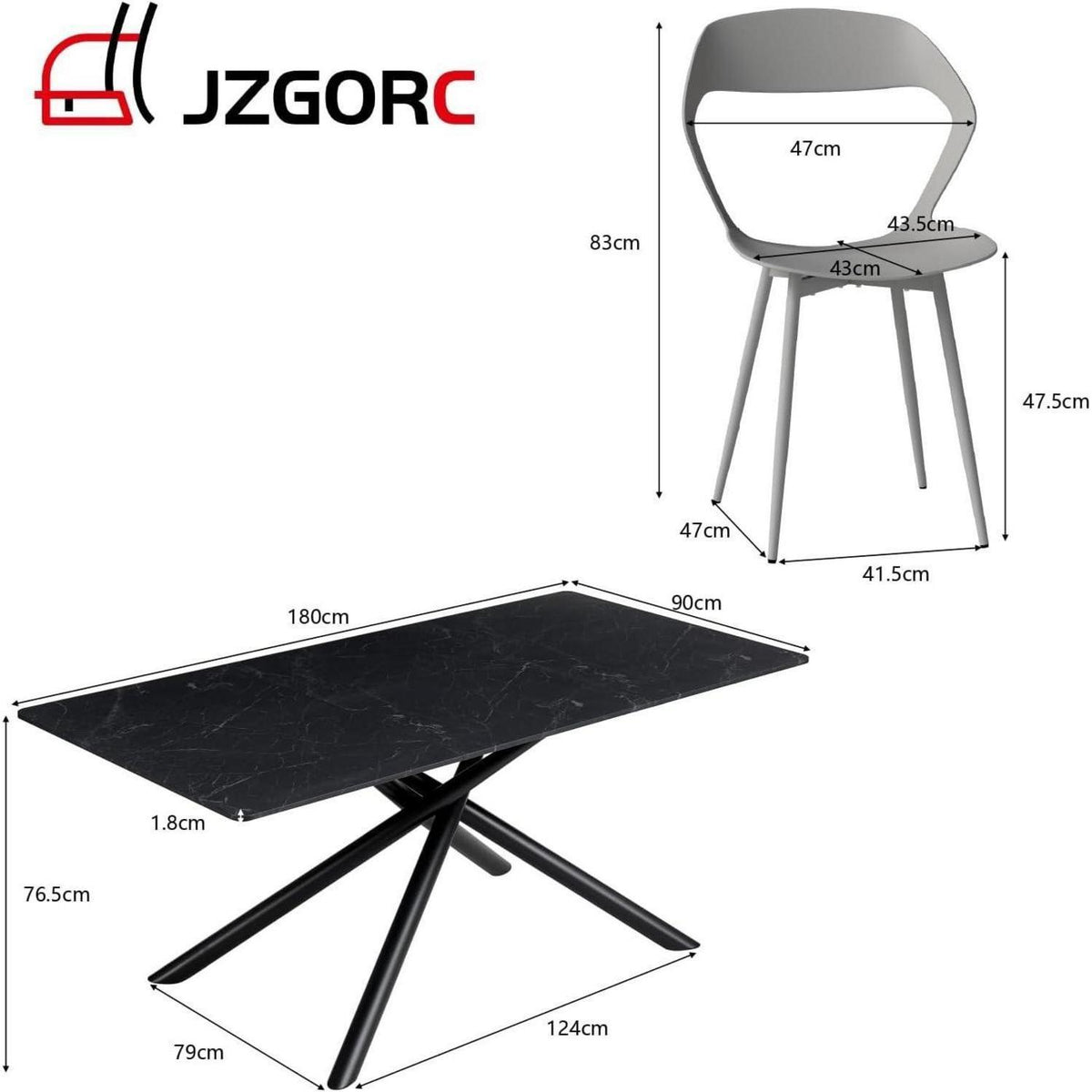 Rechteckiger Esstisch Set 180cm mit 4 Stühlen Schwarz Grau