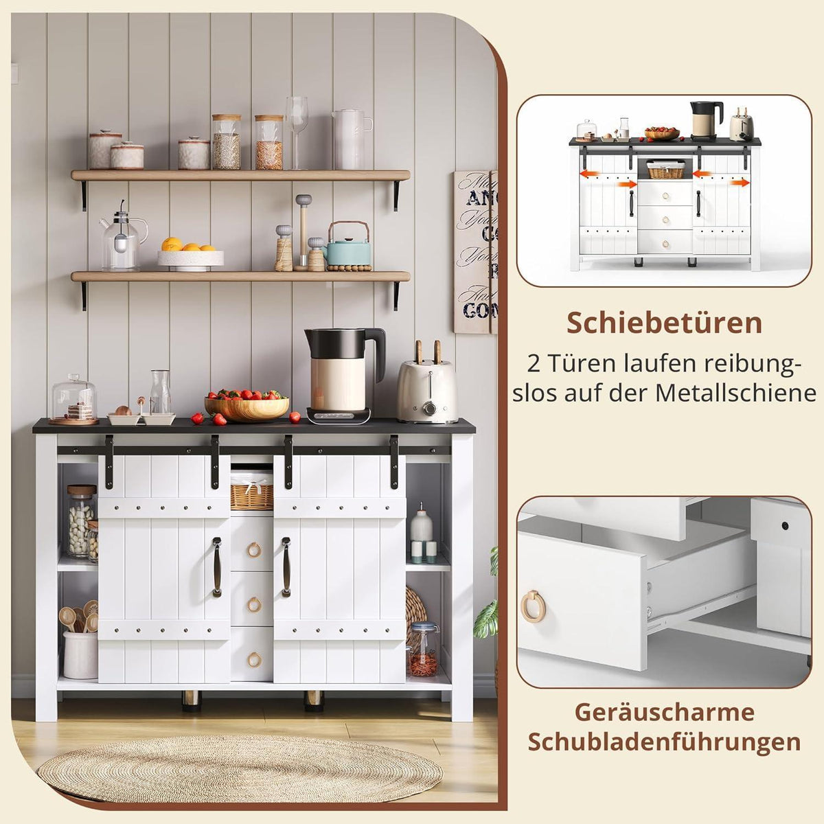 DRIXNO Buffetschrank Weiß, 120cm mit Schiebetüren & Schubladen