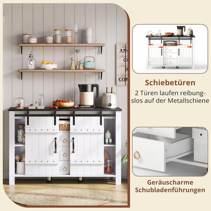 DRIXNO Buffetschrank Weiß, 120cm mit Schiebetüren & Schubladen