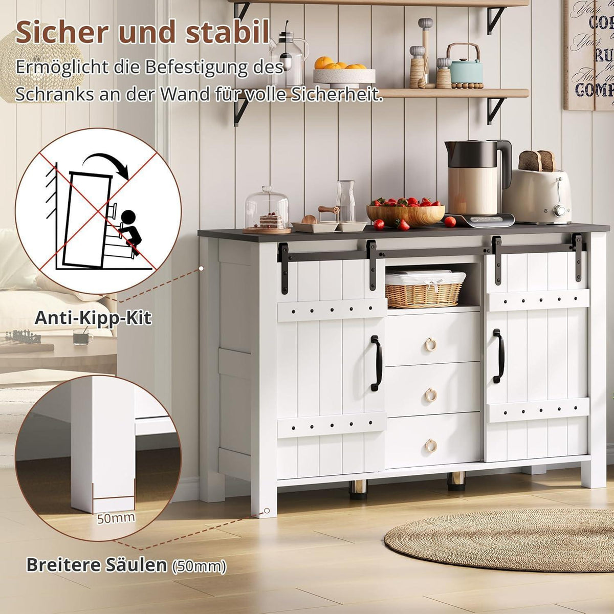 DRIXNO Buffetschrank Weiß, 120cm mit Schiebetüren & Schubladen
