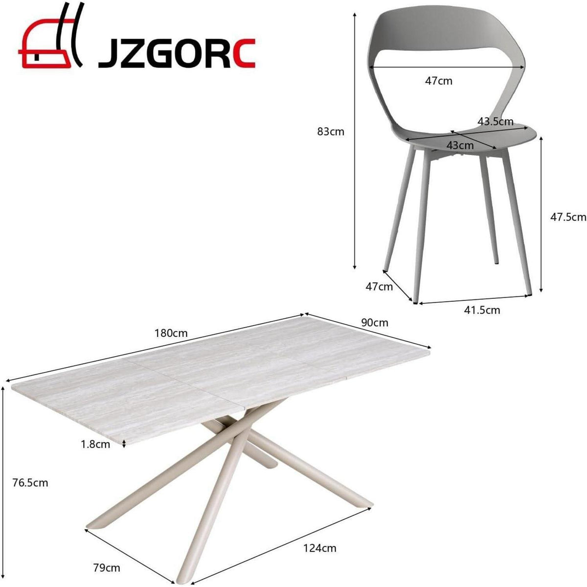 Rechteckiger Esstisch Set 180cm mit 4 Stühlen – Grau