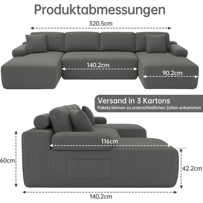 Modulares U-förmiges Cord-Sektionalsofa mit Memory-Schaum