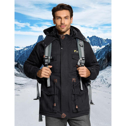 Herren Winterjacke gefüttert Fleece Parka mit Kapuze Schwarz L
