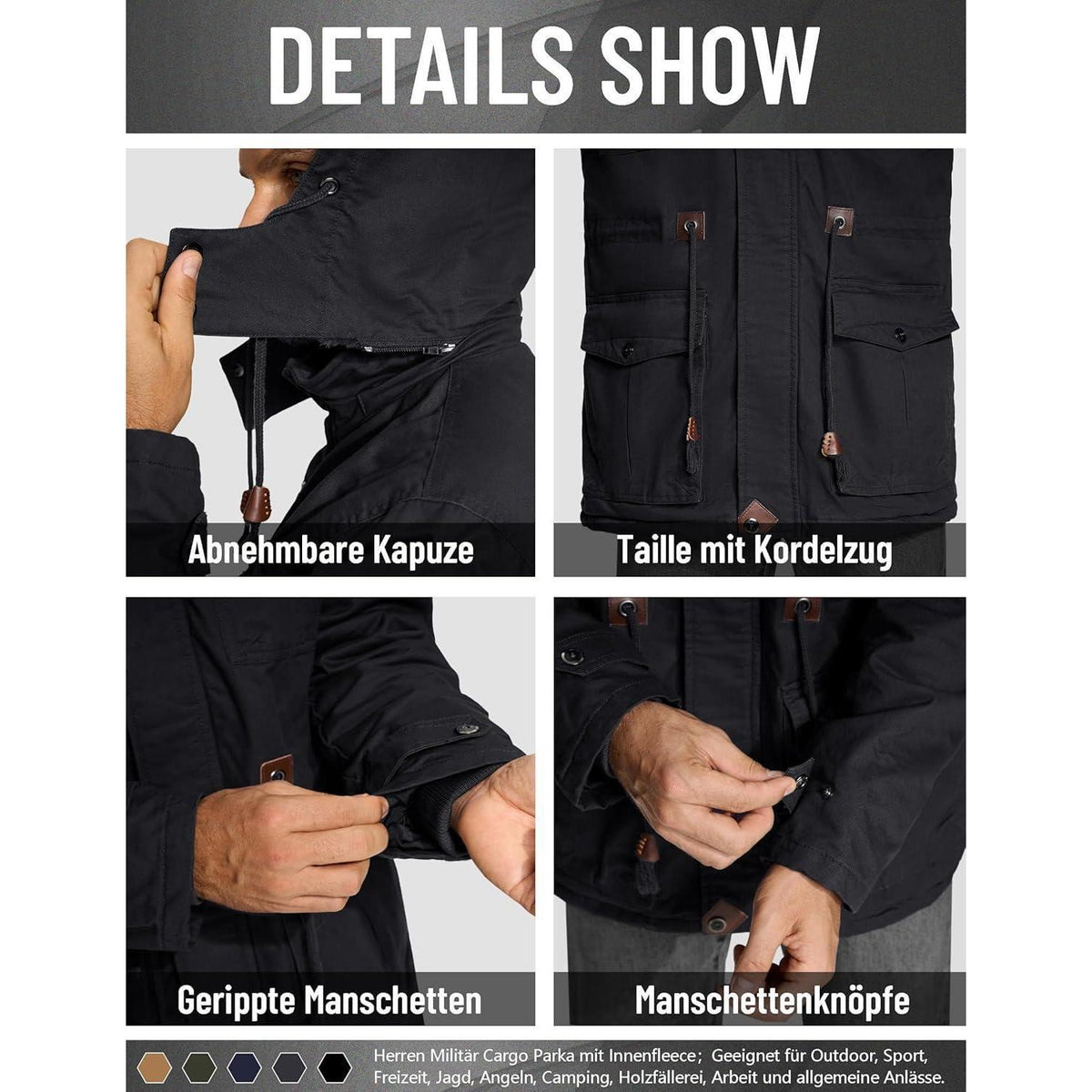 Herren Winterjacke gefüttert Fleece Parka mit Kapuze Schwarz