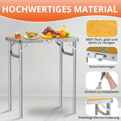 Tragbarer Campingtisch 58x40cm, 3 Höhen, Aluminium Klapptisch