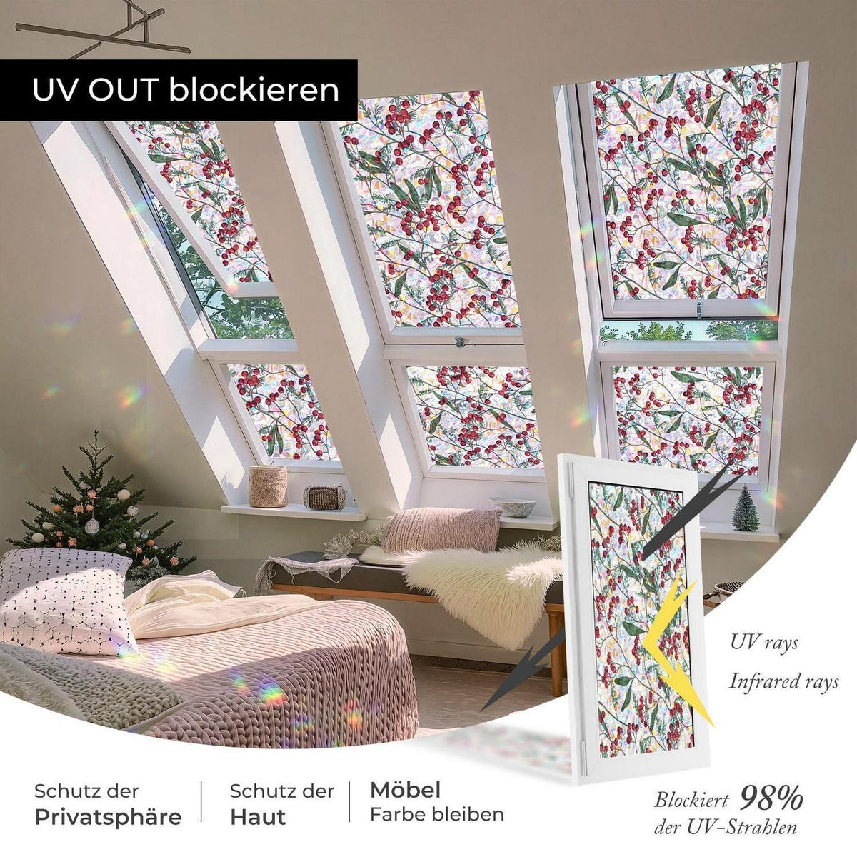 Blickdichte Fensterfolie Winterbeeren, 44x200 cm